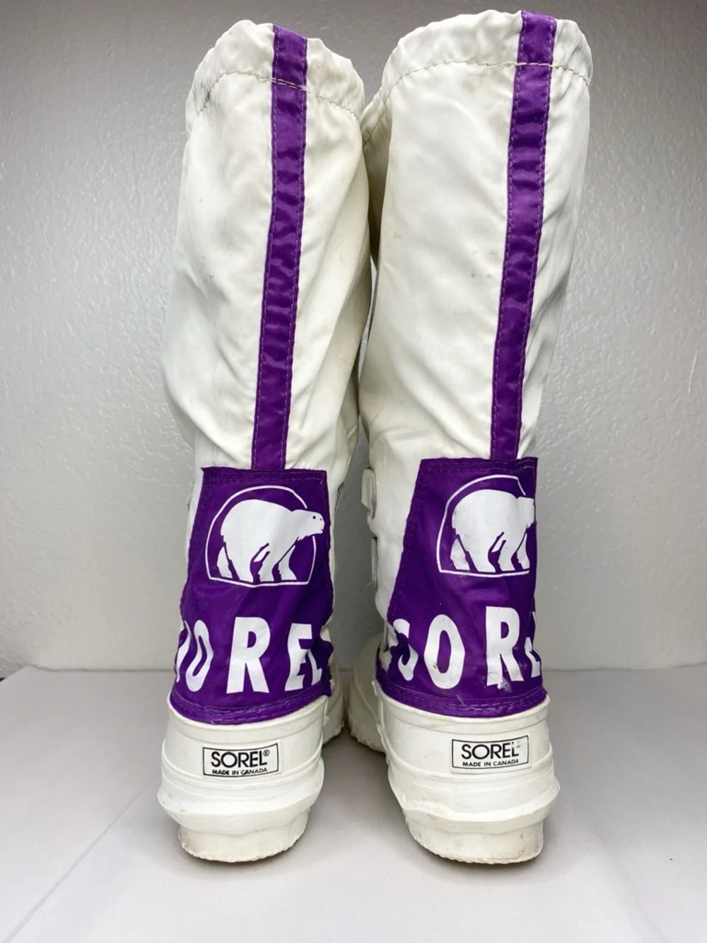 Vintage 90’s Sorel White Purple Nylon Winter Snow Boots Sz 8-8.5 Made in Canada